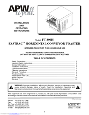 APW Wyott FASTRAC FT 800H Installation And Operating Instructions Manual