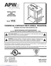 APW Wyott VCG Installation And Operating Instructions Manual