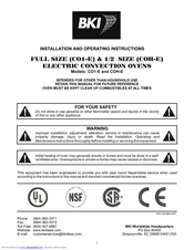 BKI CO1-E Installation And Operating Instructions Manual