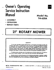 MTD 114-620A Owner's Operating Service Instruction Manual