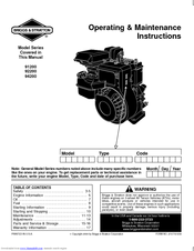 Briggs & Stratton 91200, 92200, 94200 Operating & Maintenance Instructions