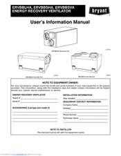 Bryant ERVBBLHA User's Information Manual