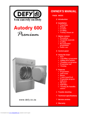 Defy Autodry 600 Premium Owner's Manual