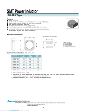 Delta Electronics SMT Power Inductor SIL625 Specification Sheet