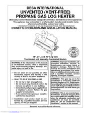 Desa UNVENTED (VENT-FREE) PROPANE GAS LOG HEATER Owner's Operation And Installation Manual