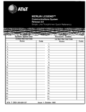 AT&T MERLIN LEGEND Release 2.0 Single-Line Telephone Quick Reference Manual