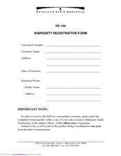 Balanced Audio Technology VK-150 Owner's Manual