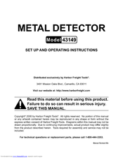 Harbor Freight Tools 43149 Set Up And Operating Instructions Manual