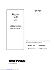 Maytag MDE3000AYW Repair Parts List Manual