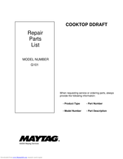 Maytag G101 Repair Parts List Manual