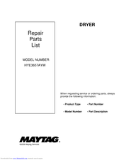 Maytag HYE3657AYW Repair Parts List Manual