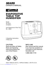 Kenmore Sears Evaporative table top Humidifier 42.14121 (3 gallon) Owner's Manual