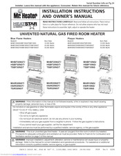 Mr. Heater UNVENTED NATURAL GAS FIRED ROOM HEATER HSBF10NG Installation Instructions And Owner's Manual