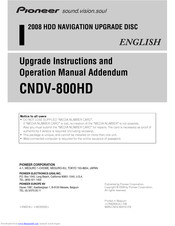 Pioneer CNDV-800HD Upgrade Instructions And  Operation Manual Addendum