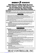 Heat Controller Energy Knight HMH30AS-1 Installation Instructions Manual