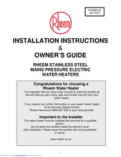 Rheem ELECTRIC WATER HEATERS Installation Instructions & Owner's Manual
