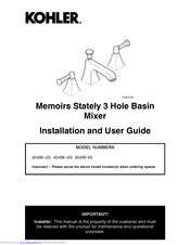 Kohler Memoirs Stately 3 Hole Basin Mixer Installation And User Manual