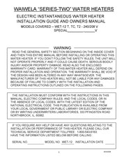 WaiWela WET-TC Installation Manual And Owner's Manual