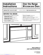 Kenmore Over the Range Microwave Oven Installation Instructions Manual