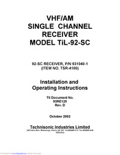 Technisonic Industries Limited TiL-92-SC Installation And Operating Instructions Manual