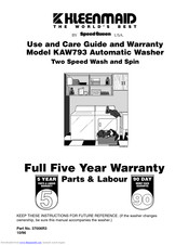 Kleenmaid KAW793 Use And Care Manual And Warranty
