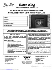 Blaze King 2205 Installation And Operating Instructions Manual