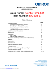 Omron Gentle Temp 521 MC-521-E Product Information Sheet