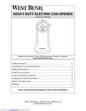 West Bend HEAVY DUTY ELECTRIC CAN OPENER Instruction Manual