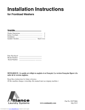 Alliance Laundry Systems Frontload Washers Installation Instructions Manual