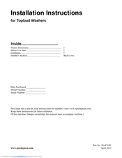 Speed Queen Topload Washers Installation Instructions Manual