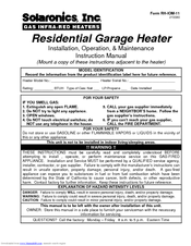 Solaronics Residential Garage Heater Instruction Manual
