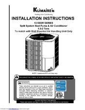 Klimaire 13 SEER SERIES Installation Instructions Manual