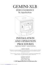 Appalachian Stove & Fabricators GEMINI-XLB Installation And Operating Manual