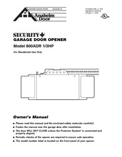 Anaheim Automation Security+ 800ADR 1/3HP Owner's Manual