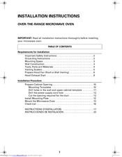 Maytag OVER-THE-RANGE MICROWAVE OVEN Installation Instructions Manual