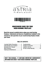 Astria Wood burning fireplace Homeowner's Manual