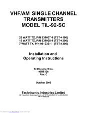 Technisonic Industries Limited TiL-92-SC Installation And Operating Instructions Manual