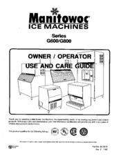Manitowoc GY-0805W Owner / Operator Use And Care Manual
