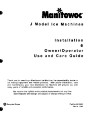 Manitowoc JY0455W Installation & Owner/Operator Use And Care Manual