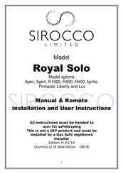 Sirocco Royal Solo Ignite Manual & Remote Installation And User Instructions