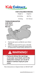 Kids Embrace TODDLER BOOSTER CAR SEAT Instruction Manual