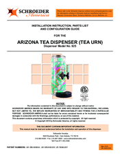 Schroeder America ARIZONA TEA DISPENSER 925 Installation Instruction, Parts List And Configuration Manual