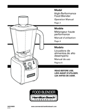 Hamilton Beach Hight-Performance Food Blender Operation Manual