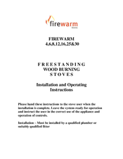 Firewarm stoves FIREWARM 30 Installation And Operating Instrictions