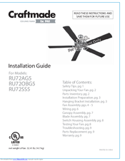Craftmade RU72SS5 Installation Manual
