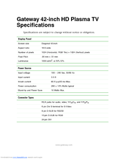 Gateway HD Plasma TV Specifications