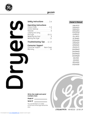 GE DBXR463EGWW - 6.0 cu. Ft. Electric Dryer Owner's Manual