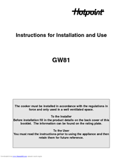 Hotpoint GW81 Instructions For Installation And Use Manual