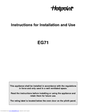 Hotpoint EG71 Instructions For Installation And Use Manual