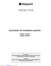 Hotpoint FFA40X Instructions For Installation And Use Manual